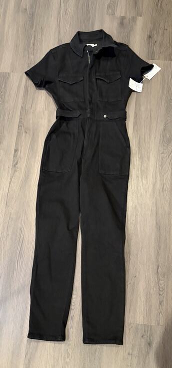 Good American Pants - Good American Black Denim Zip-Front Collared Short Sleeve Jumpsuit M